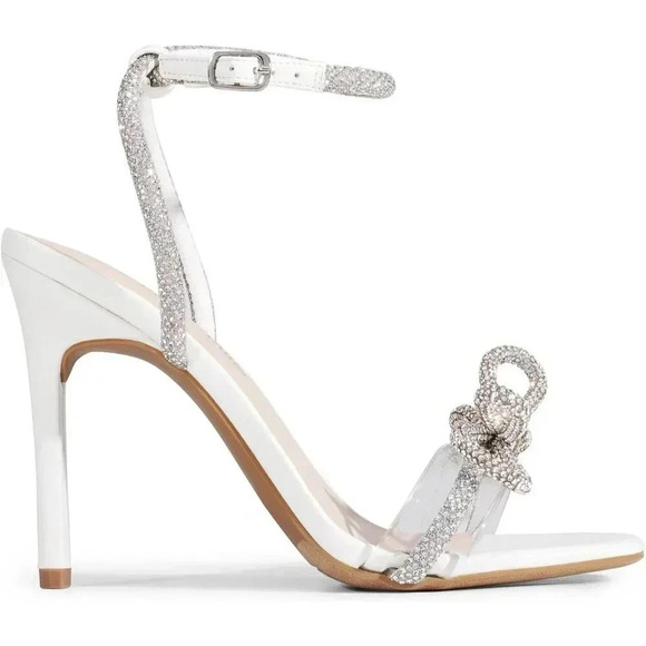 Women's White Double Bowknots Crystal Sandals Clear Slingback Heels - Picture 3 of 7